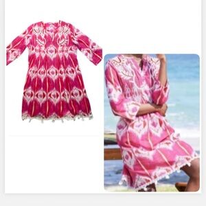 Soft Surroundings Red Pink and White Tunic  Patterned Dress Beaded  V neck